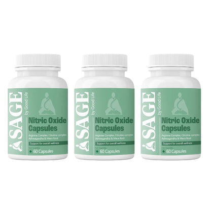 Three bottles of SAGE Nitric Oxide Capsules on a white background