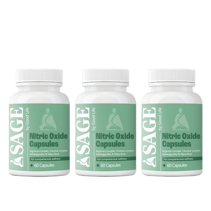 Three bottles of 60 sage nitric oxide capsules containing ashwagandha, maca, and citrulline.

