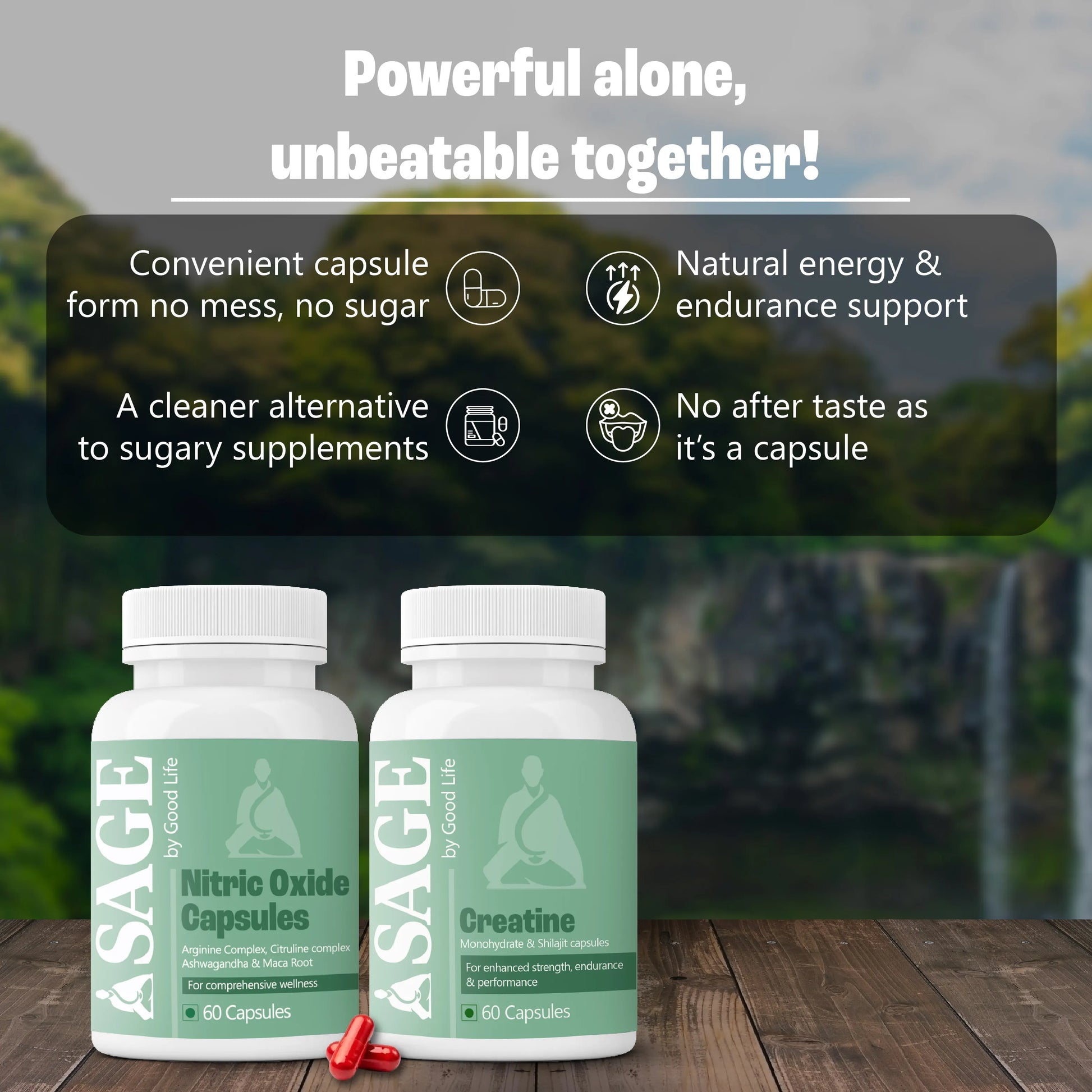 Two bottles of SAGE by Good Life supplements on a wooden surface with a blurred natural background.