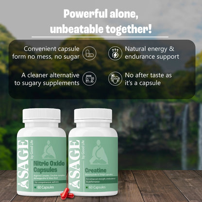 Two bottles of SAGE by Good Life supplements on a wooden surface with a blurred natural background.