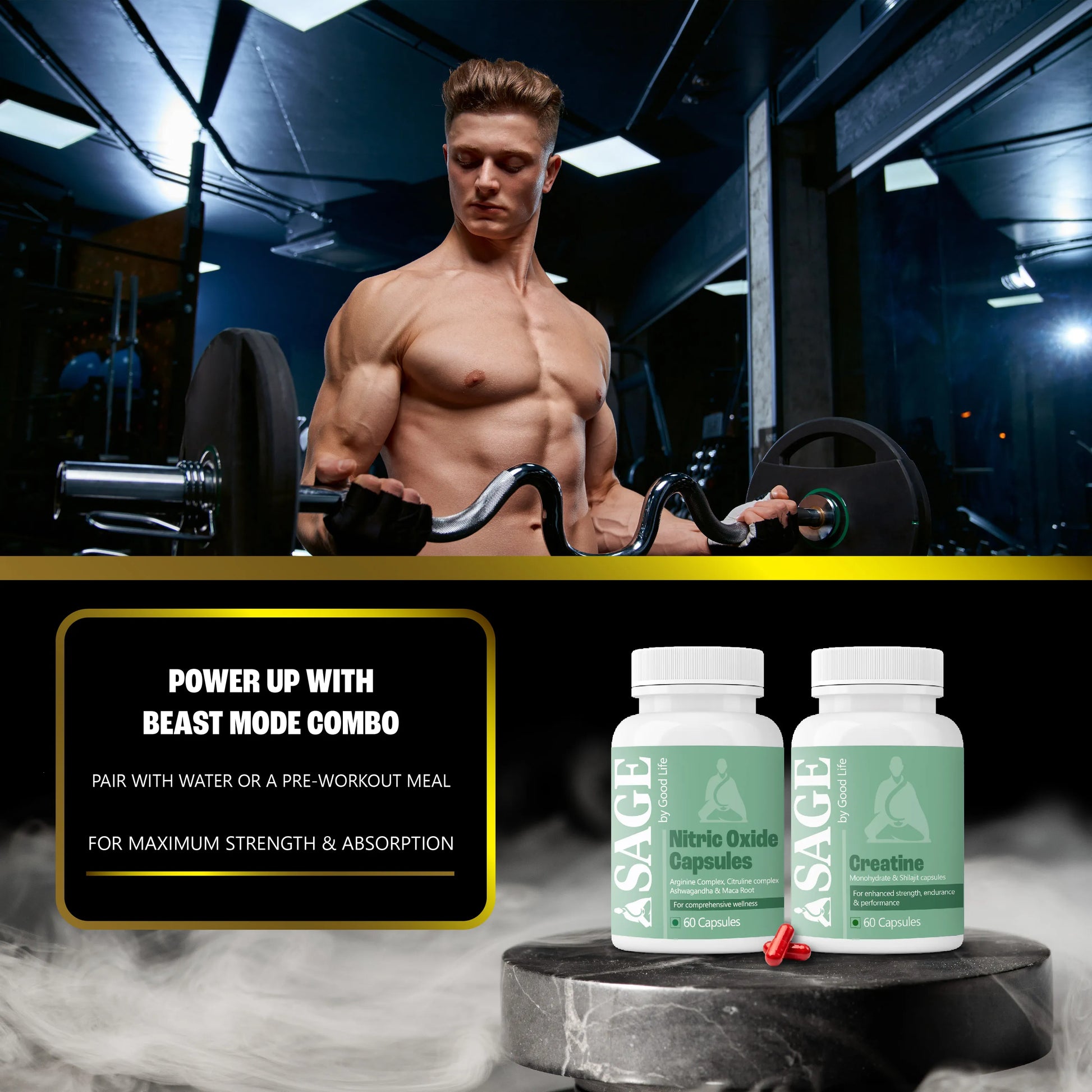 Muscular man lifting weights in a gym with ASAGB supplement bottles displayed below.