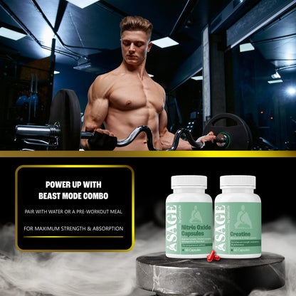 Muscular man lifting weights in a gym with ASAGB supplement bottles displayed below.