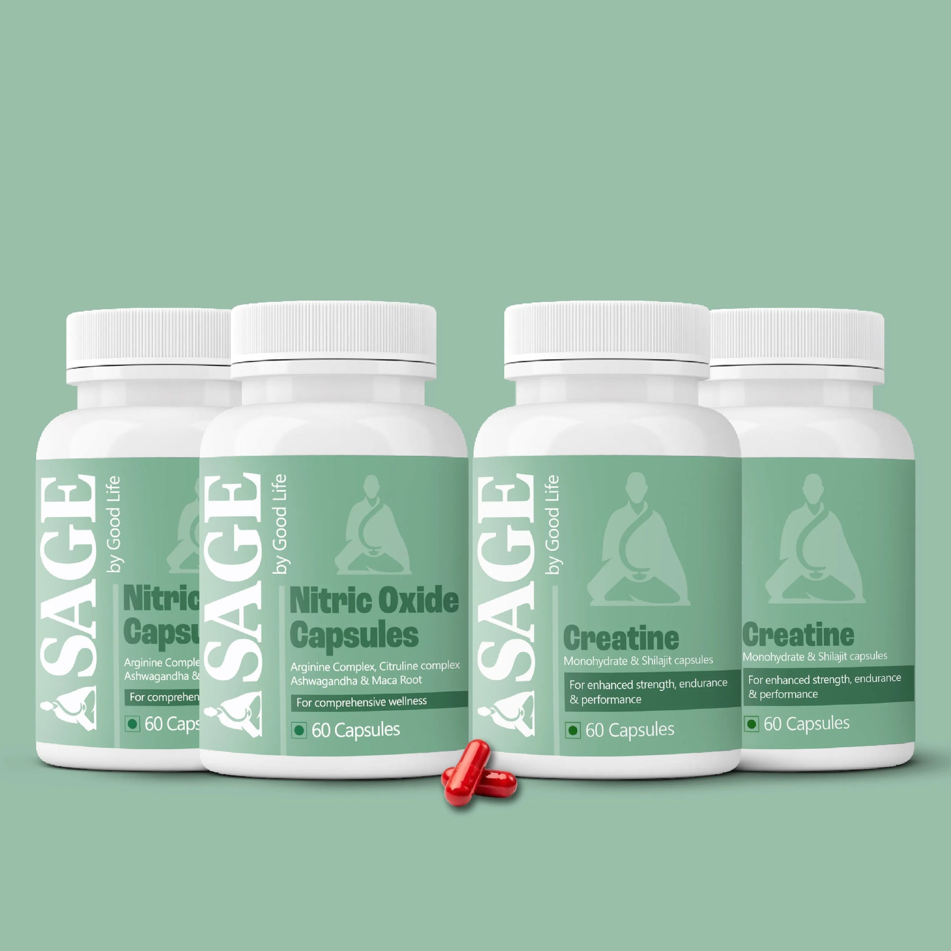 Four bottles of SAGE by Good Life supplements on a green background