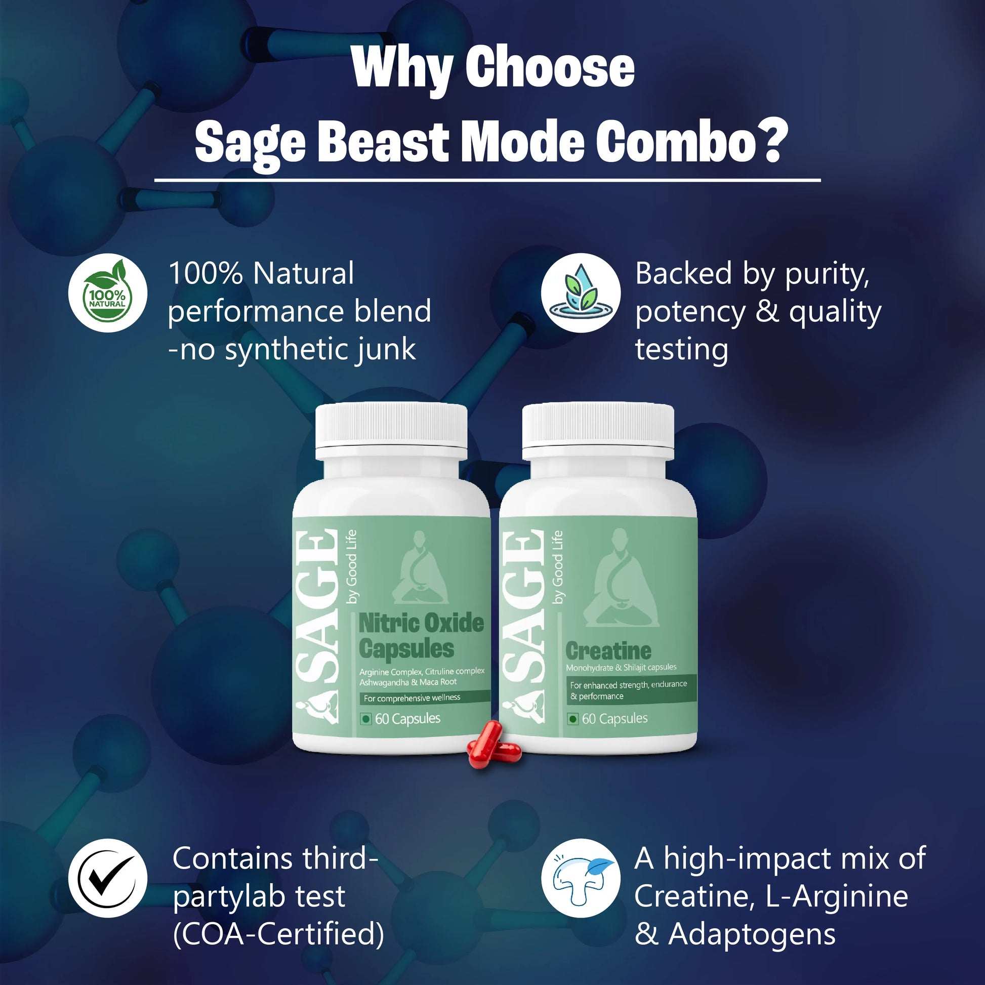 Two bottles of Sage supplements with text highlighting features on a blue background