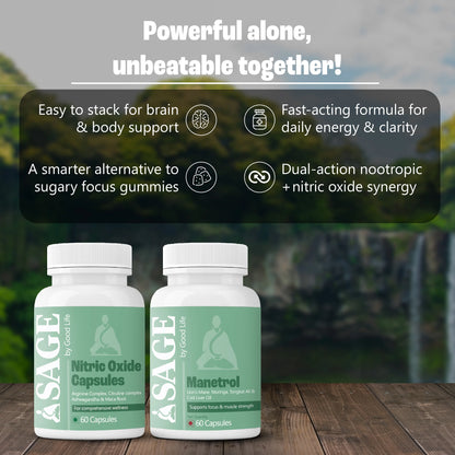 Two bottles of SAGE Manextrol and Nitric Oxide Capsules on a wooden surface with a blurred natural background.