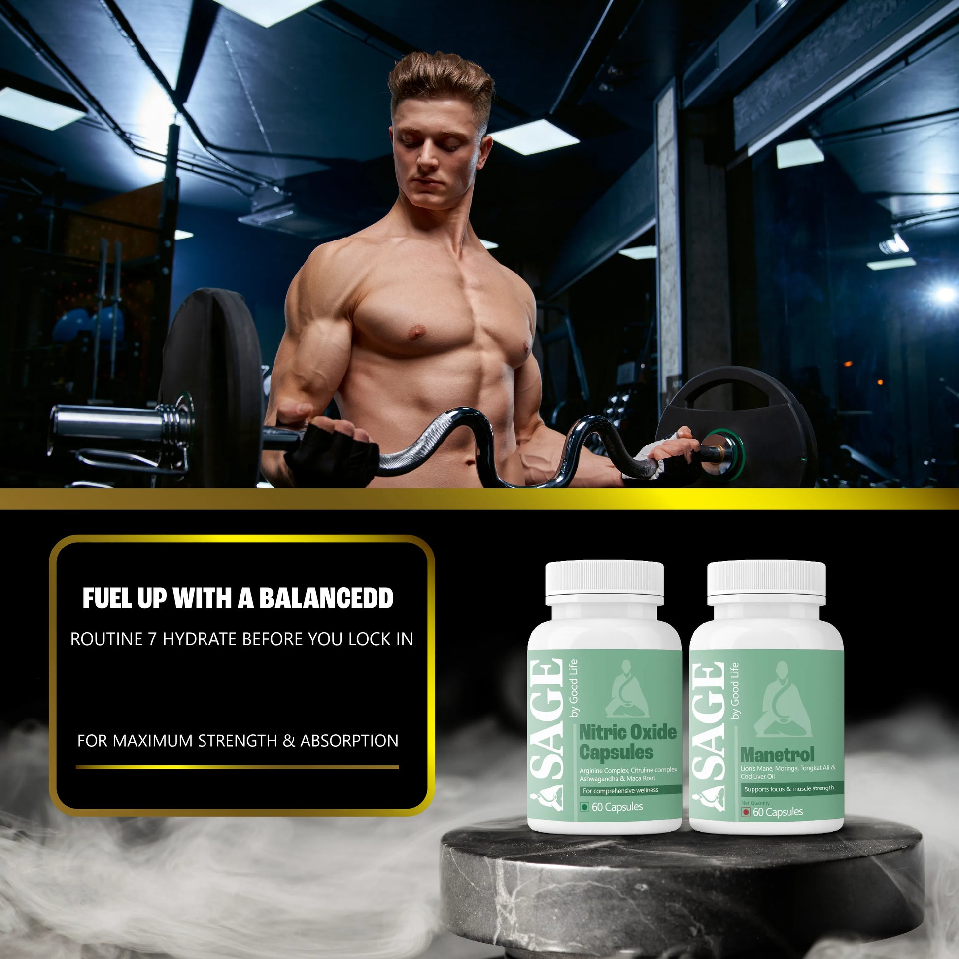 Muscular man lifting weights in a gym with ASAGE supplement bottles displayed below.