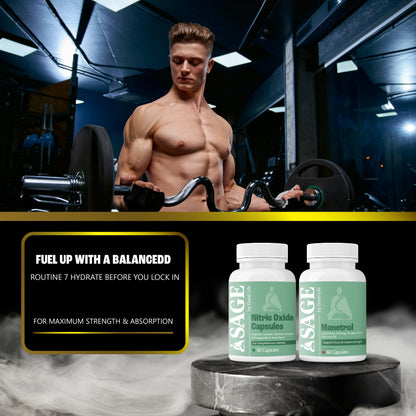 Muscular man lifting weights in a gym with ASAGE supplement bottles displayed below.