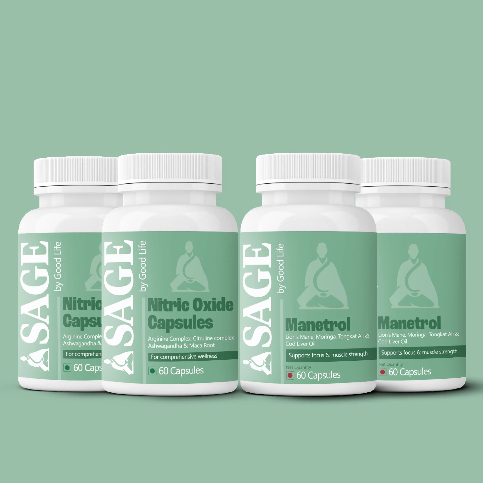 Four bottles of Sage by Good Life supplements on a green background