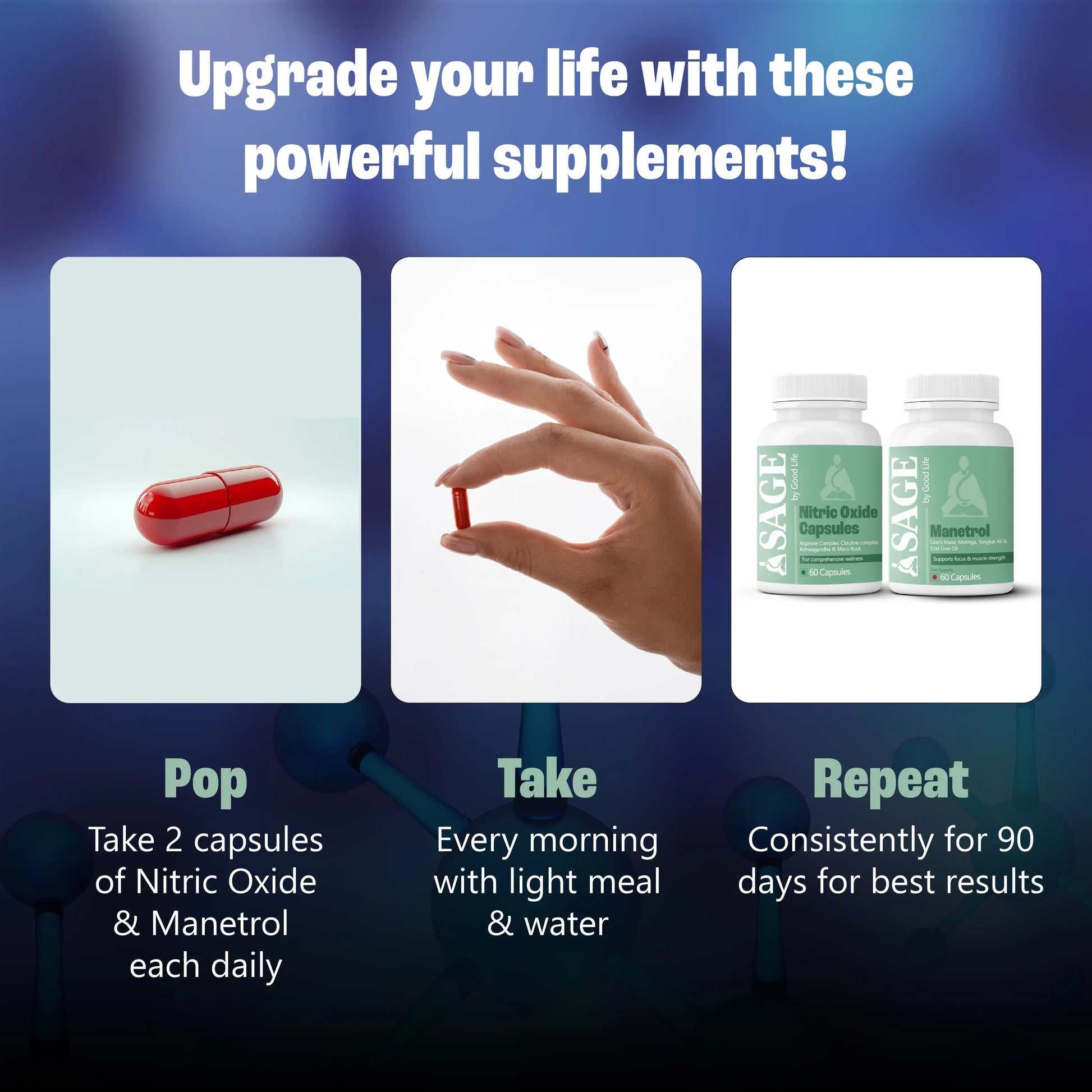 Supplement advertisement with capsules, a hand holding a capsule, and ASABE bottles on a blue gradient background.