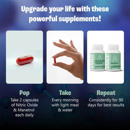 Supplement advertisement with capsules, a hand holding a capsule, and ASABE bottles on a blue gradient background.