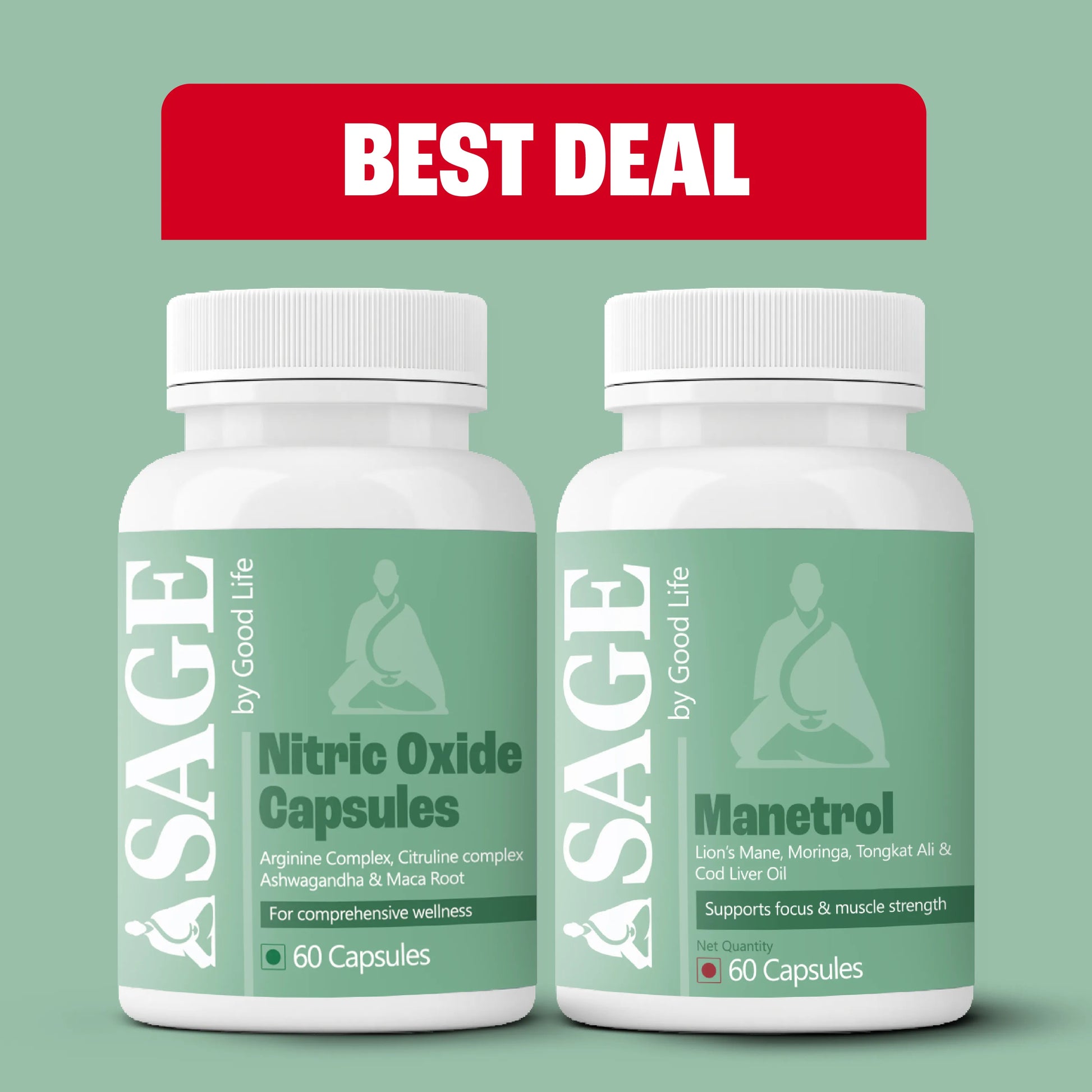 Two bottles of Sage by Good Life supplements on a green background with 'Best Deal' text.