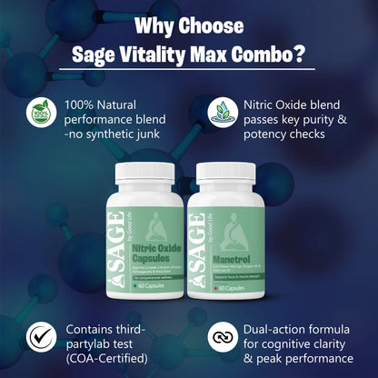 Sage Vitality Max Combo supplement bottles with product features on a blue background