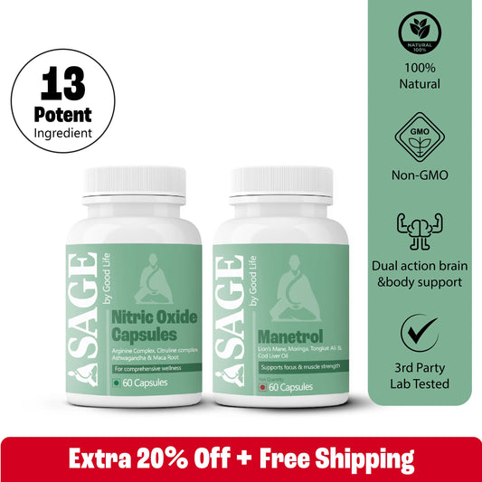 Two bottles of Sage by Goodlife supplements with a green box on a white background.