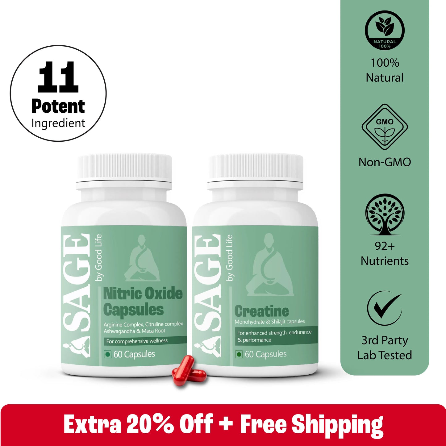 Two bottles of Sage by Good Life supplements with product details on a white background.