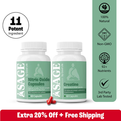 Two bottles of Sage by Good Life supplements with product details on a white background.