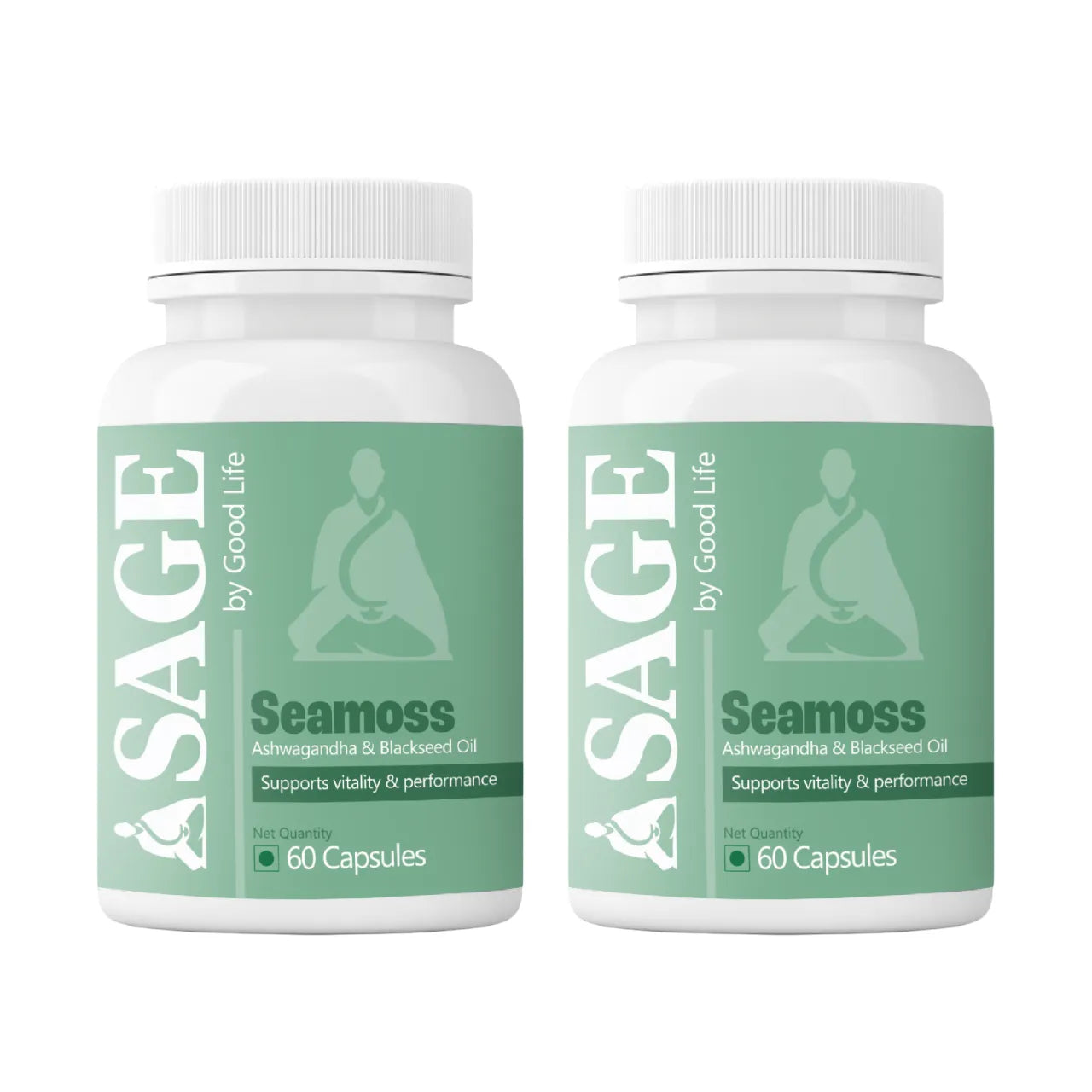 Two bottles of Sage by Good Life Seamoss capsules on a white background