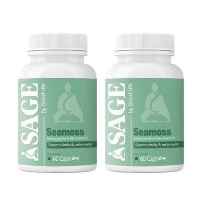 Two bottles of Sage by Good Life Seamoss capsules on a white background