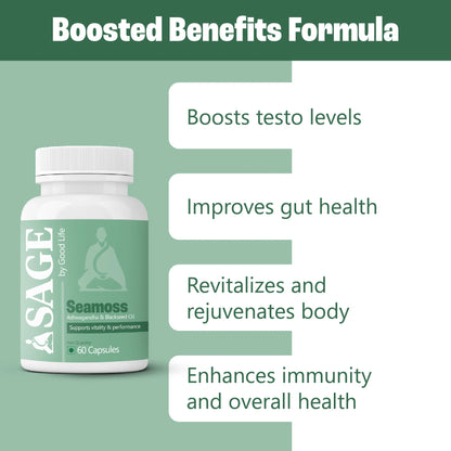 SAGE by Good Life Seamosse supplement bottle with benefits listed on a green background