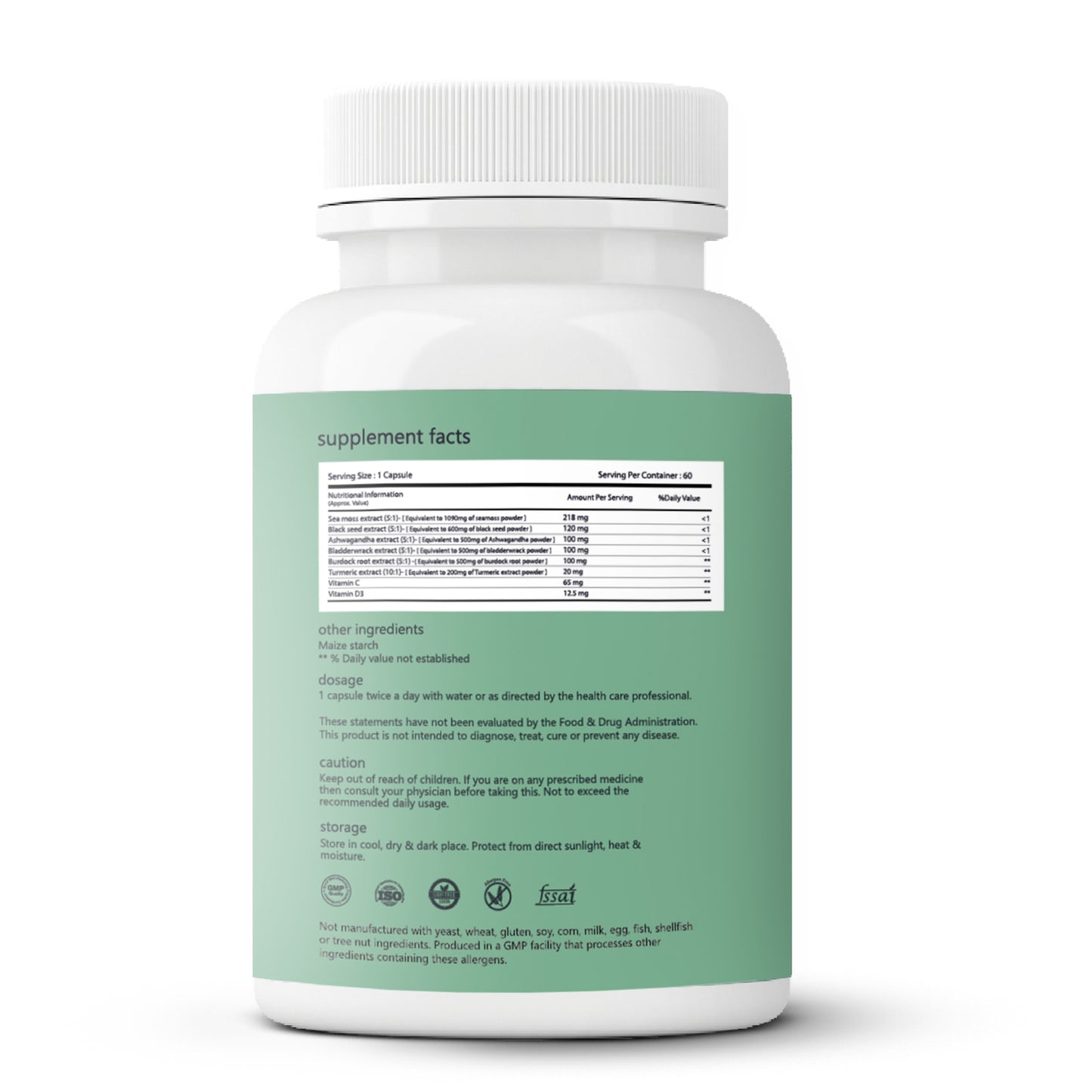 SAGE Seamoss Capsules' Back Label: Supplemental Information, Dosage, and Certifications

