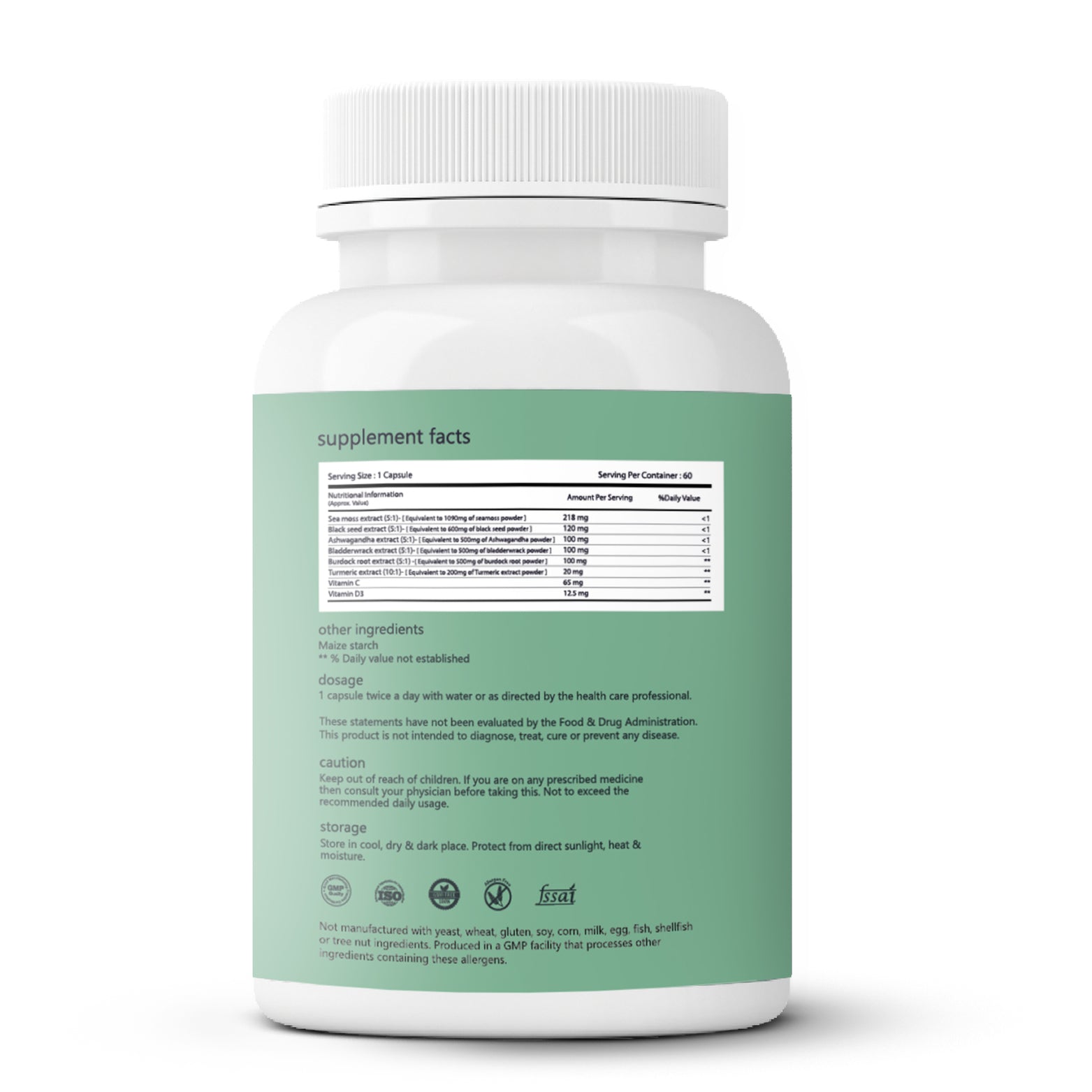 SAGE Seamoss Capsules' Back Label: Supplemental Information, Dosage, and Certifications

