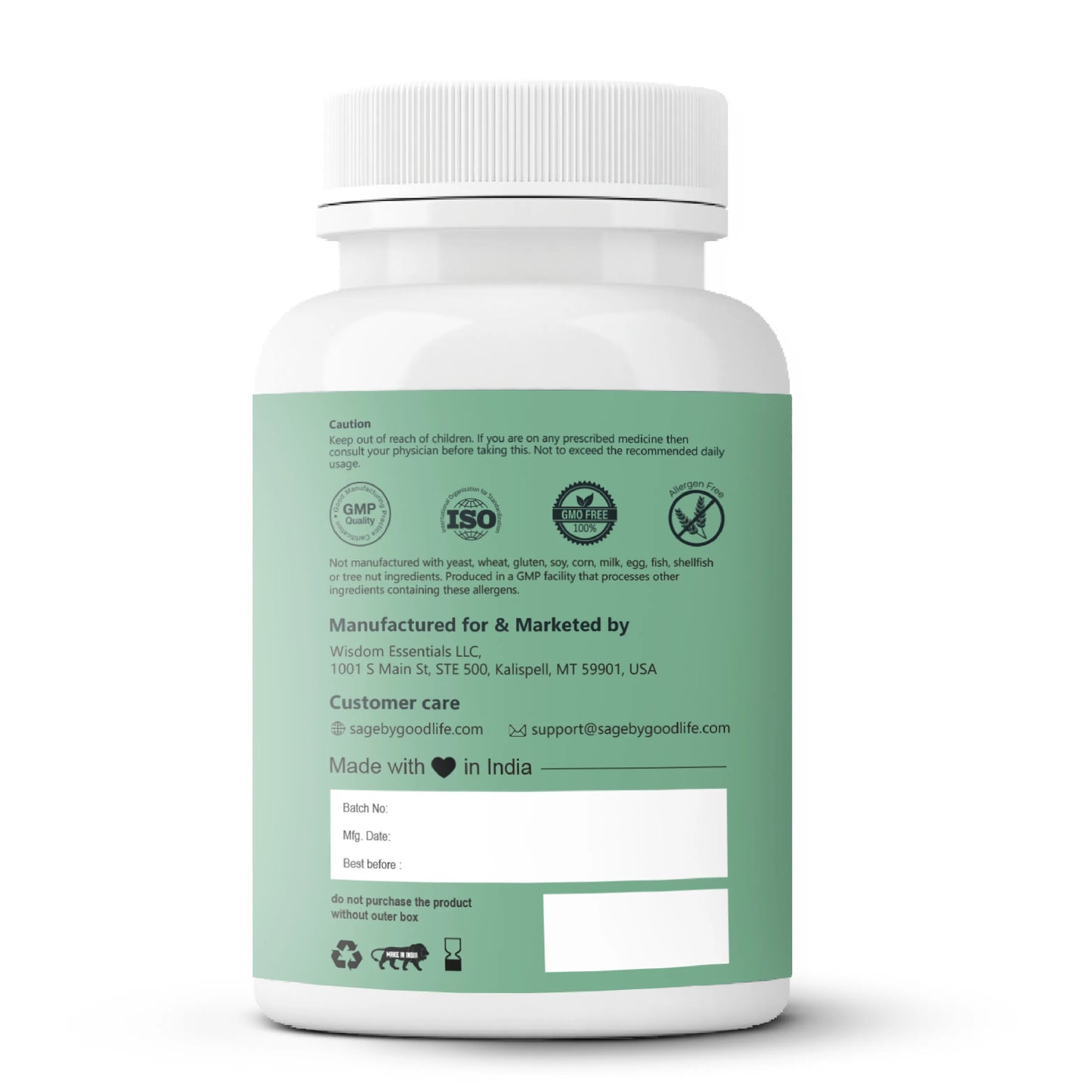 White supplement bottle with green label on a white background