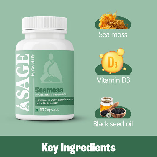 The main components of SAGE Seamoss Capsules are sea moss, vitamin D3, and black seed oil.