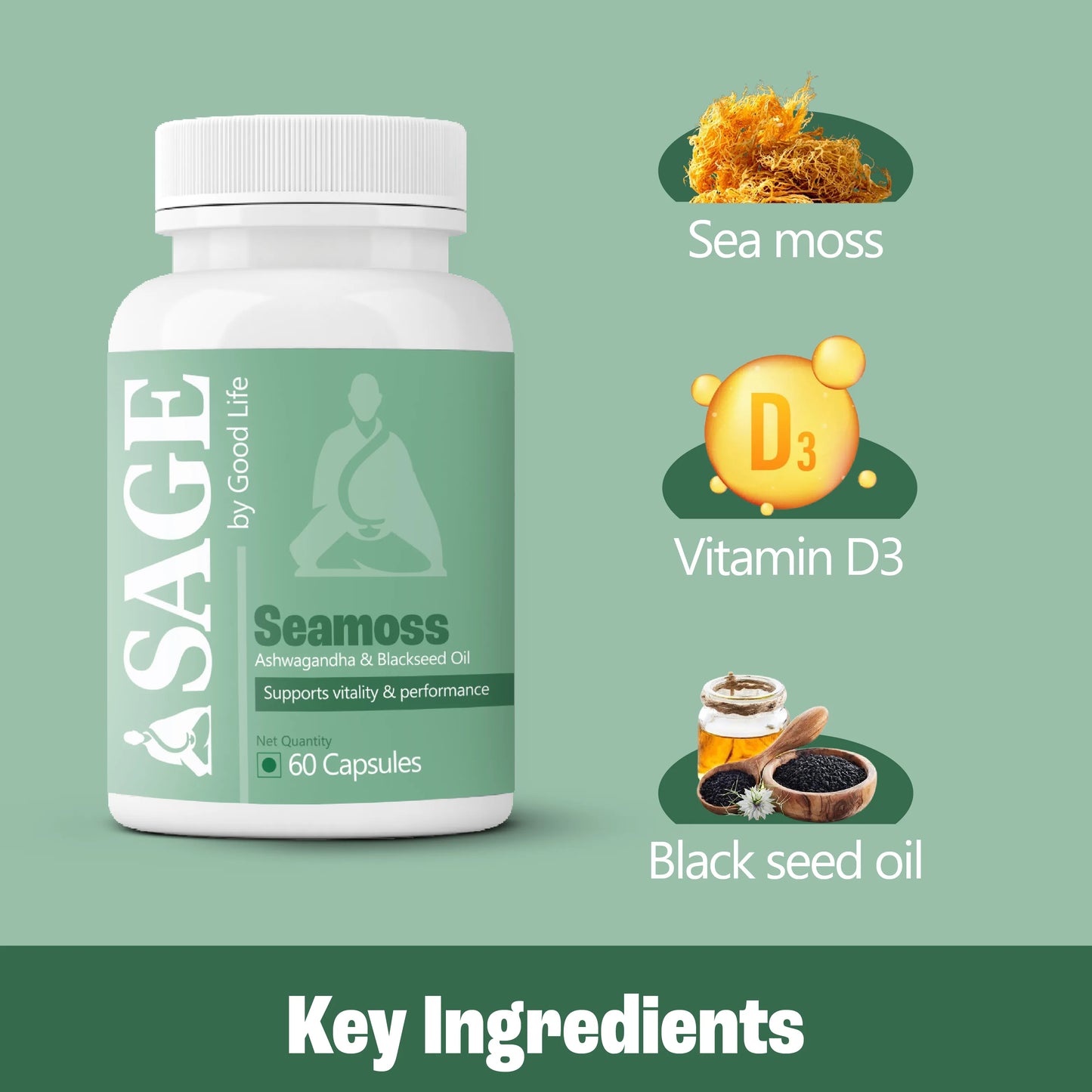 SAGE by Good Life Seamoss supplement bottle with key ingredients displayed on a green background