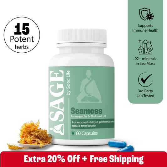 SAGE by Good Life Seamoss supplement bottle with sea moss and promotional text on a white background