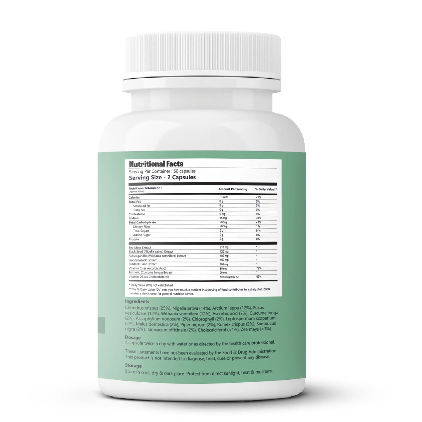 Supplement bottle with nutritional label on a white background