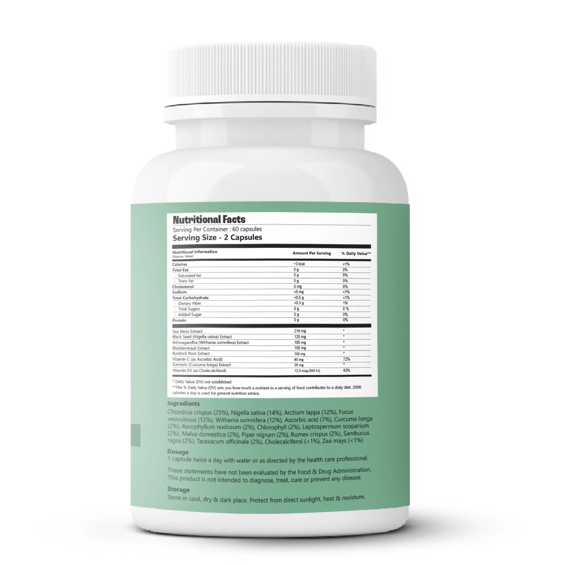 Supplement bottle with nutritional label on a white background