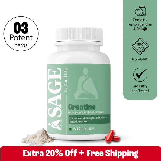 SAGE by Good Life Creatine supplement bottle with packaging details on a white background