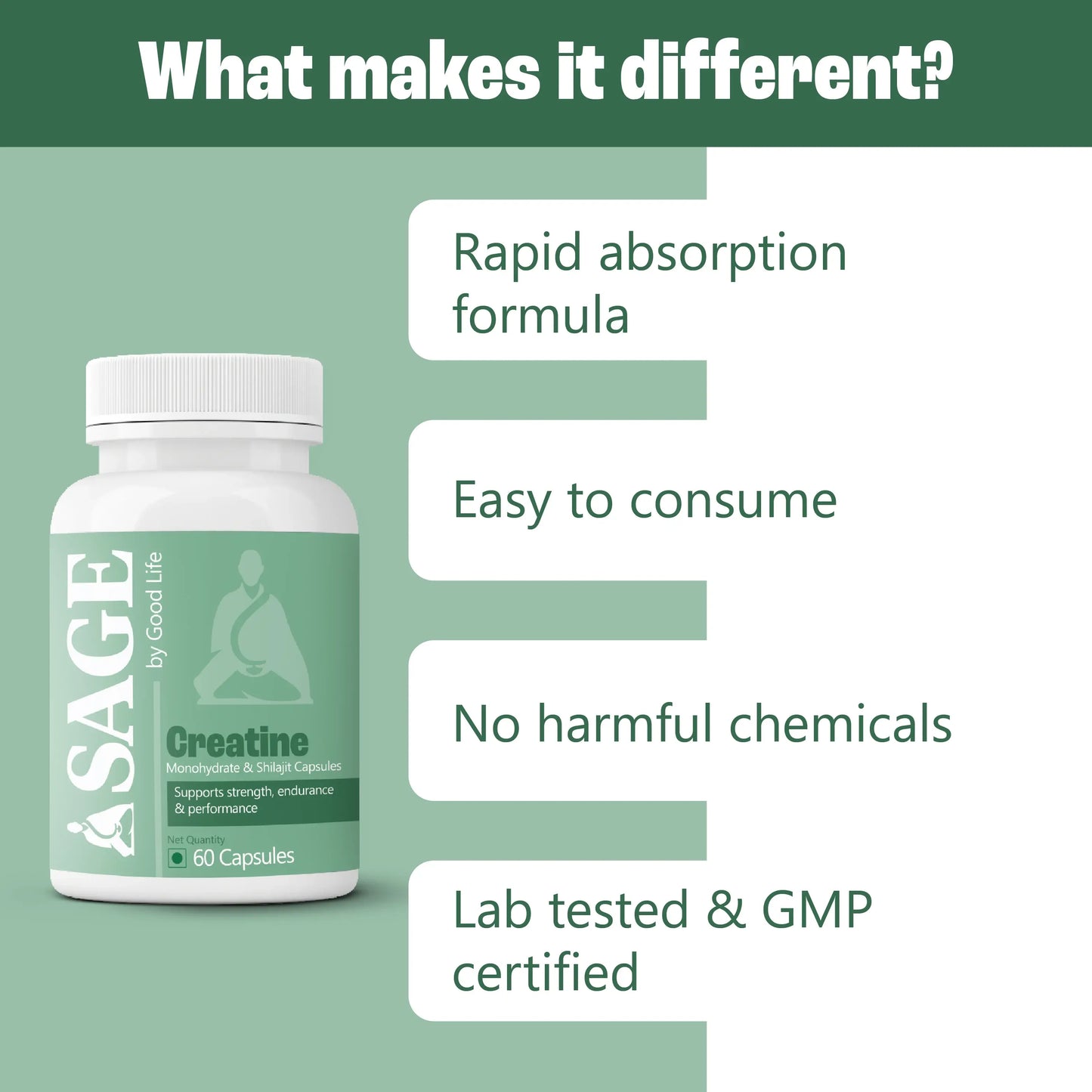 SAGE Creatine supplement bottle with features listed on a green and white background