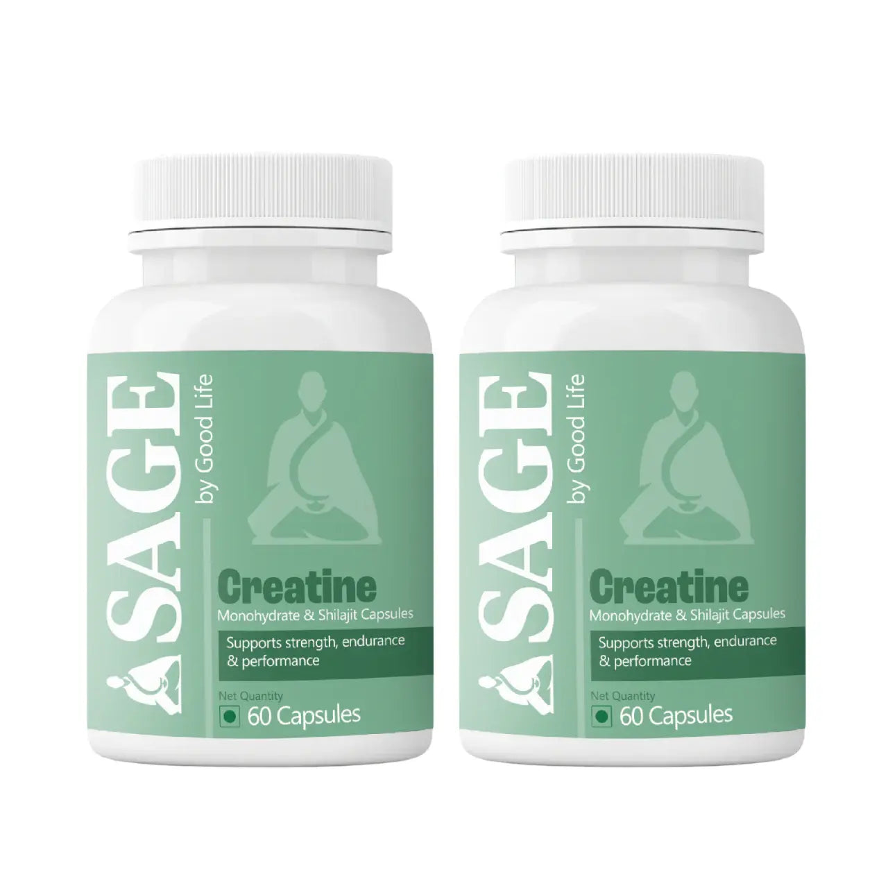 Two bottles of Sage by Good Life Creatine capsules on a white background