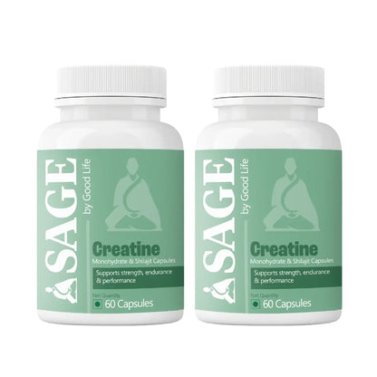 Two bottles of Sage by Good Life Creatine capsules on a white background