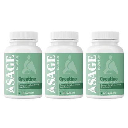 Three bottles of Sage Creatine supplement on a white background